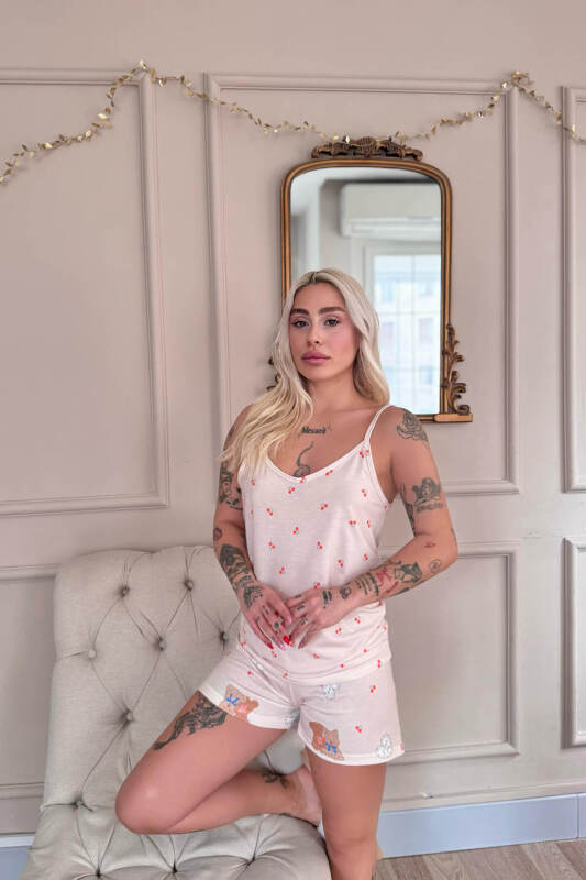 Açık Pudra Bear Desenli İp Askılı Şortlu Kadın Pijama Takımı - Pijamaevi (2)