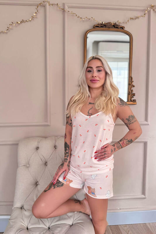 Açık Pudra Bear Desenli İp Askılı Şortlu Kadın Pijama Takımı - Pijamaevi (3)