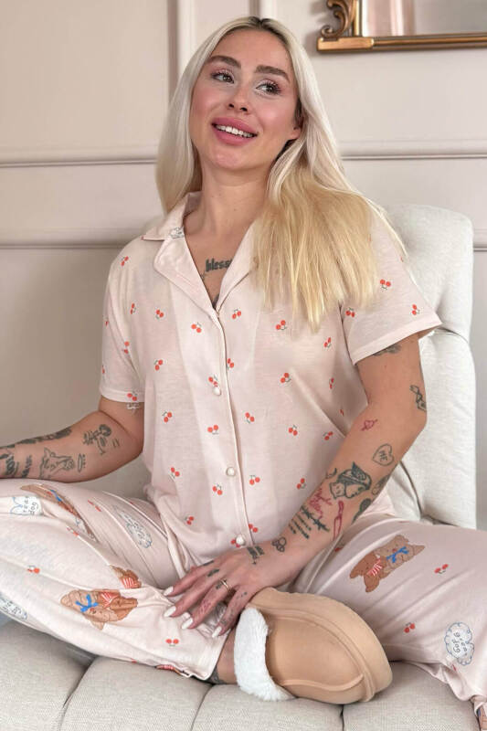 Açık Pudra Bear Desenli Kısa Kol Önden Düğmeli Kadın Pijama Takımı - Pijamaevi