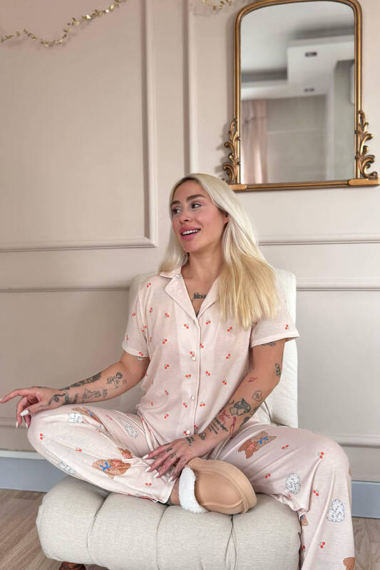 Açık Pudra Bear Desenli Kısa Kol Önden Düğmeli Kadın Pijama Takımı - Pijamaevi (2)