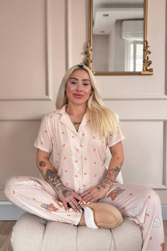 Açık Pudra Bear Desenli Kısa Kol Önden Düğmeli Kadın Pijama Takımı - Pijamaevi (3)