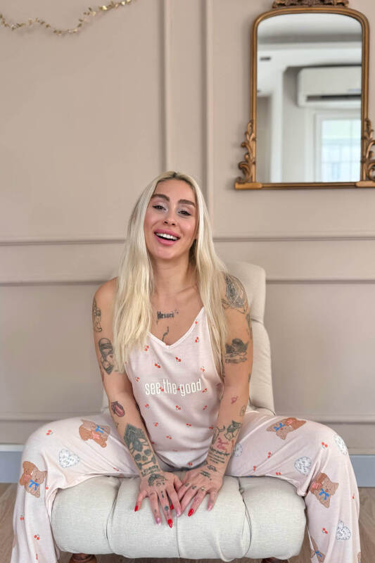 Açık Pudra See The Good Baskılı Ip Askılı Örme Kadın Pijama Takımı - Pijamaevi (2)