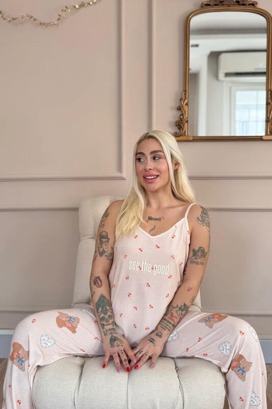 Açık Pudra See The Good Baskılı Ip Askılı Örme Kadın Pijama Takımı - Pijamaevi (3)