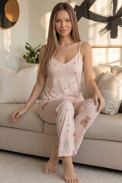 Açık Pudra See The Good Baskılı Ip Askılı Örme Kadın Pijama Takımı - 3