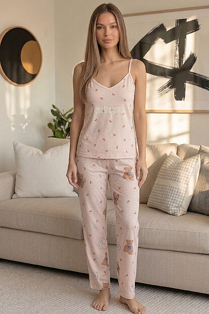 Açık Pudra See The Good Baskılı Ip Askılı Örme Kadın Pijama Takımı - 7