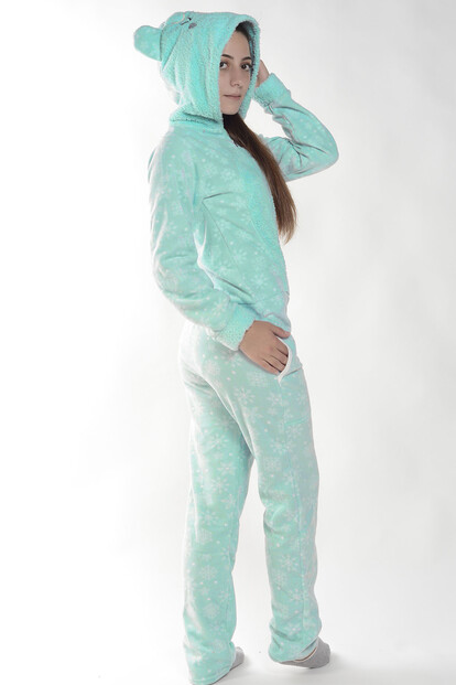 Açık Yeşil Kartanesi Desenli Kadın Polar Peluş Tulum Pijama Takımı - 2