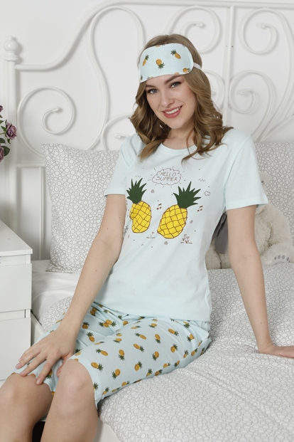 Ananas Desenli Kaprili Kadın Pijama Takımı - 1