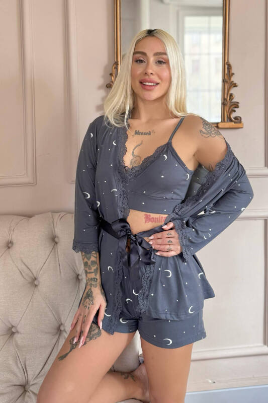 Antrasit Ay Yıldız Desenli Bambu Crop Sabahlıklı Şortlu Kadın Pijama Takımı - Pijamaevi