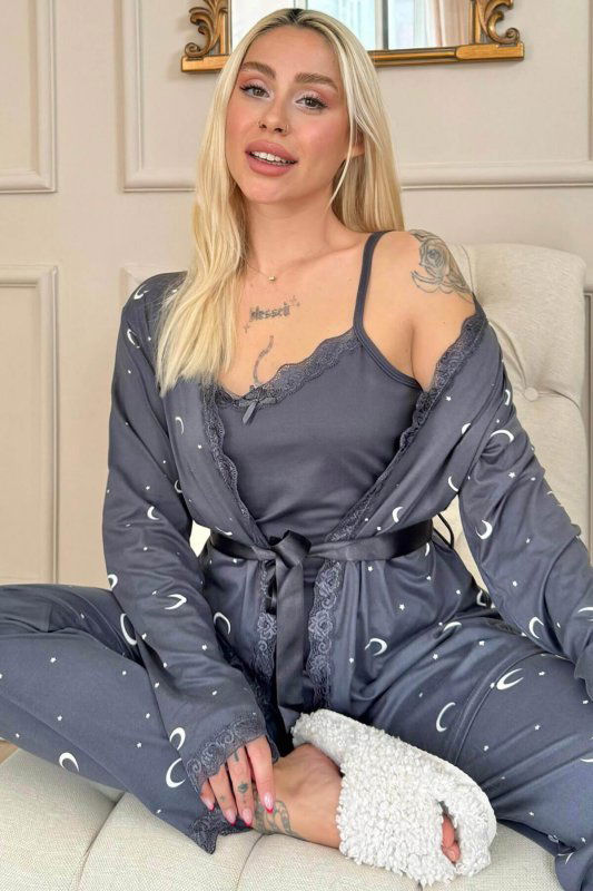 Antrasit Ay Yıldız Desenli Bambu Sabahlıklı Kadın Pijama Seti - Pijamaevi