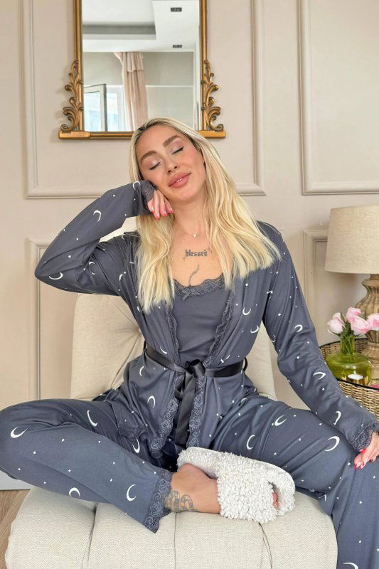 Antrasit Ay Yıldız Desenli Bambu Sabahlıklı Kadın Pijama Seti - Pijamaevi (1)