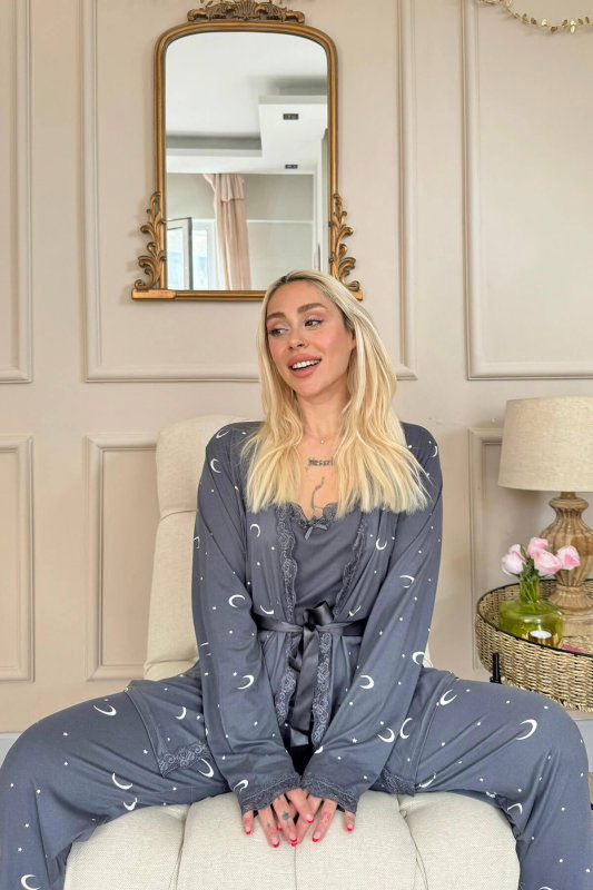 Antrasit Ay Yıldız Desenli Bambu Sabahlıklı Kadın Pijama Seti - Pijamaevi (2)