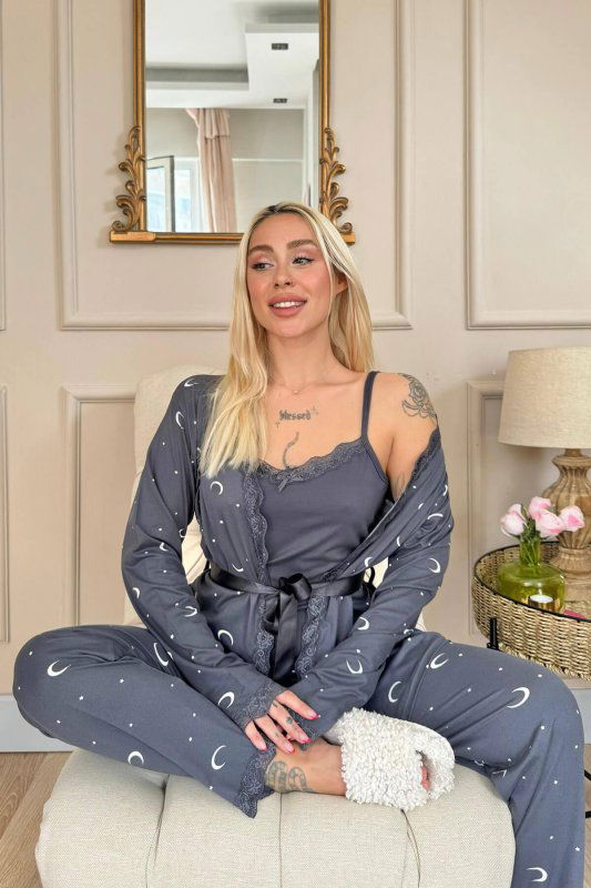 Antrasit Ay Yıldız Desenli Bambu Sabahlıklı Kadın Pijama Seti - Pijamaevi (3)