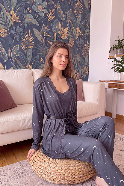 Antrasit Ay Yıldız Desenli Bambu Sabahlıklı Kadın Pijama Seti - 3