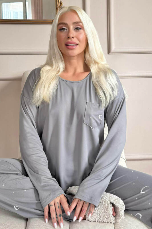 Antrasit Ay Yıldız Desenli Bambu Uzun Kol Kadın Pijama Takımı - Pijamaevi