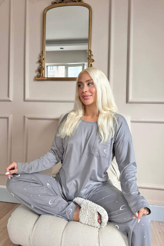 Antrasit Ay Yıldız Desenli Bambu Uzun Kol Kadın Pijama Takımı - Pijamaevi (2)