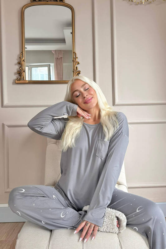 Antrasit Ay Yıldız Desenli Bambu Uzun Kol Kadın Pijama Takımı - Pijamaevi (3)