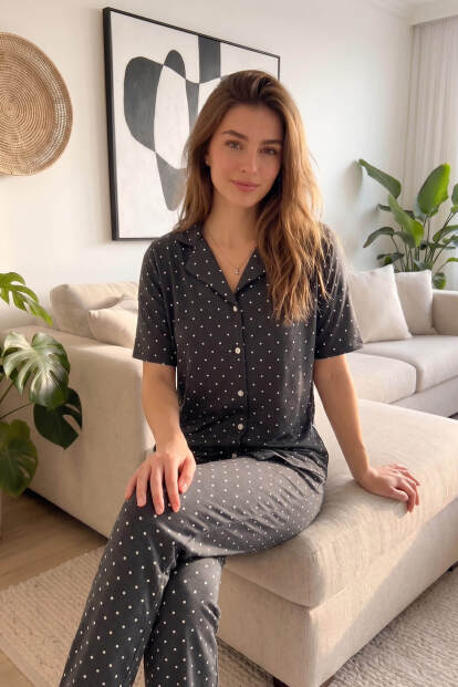 Antrasit Chic Point Desenli Bambu Önden Düğmeli Kısa Kol Pijama Takımı - 4