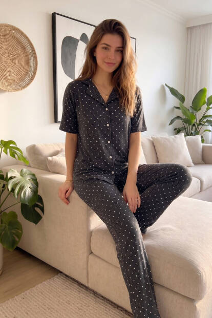 Antrasit Chic Point Desenli Bambu Önden Düğmeli Kısa Kol Pijama Takımı - 5
