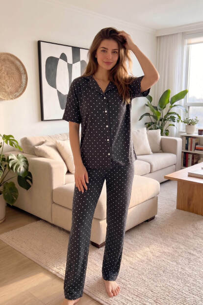 Antrasit Chic Point Desenli Bambu Önden Düğmeli Kısa Kol Pijama Takımı - 6