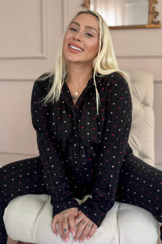 Antrasit Jantung Desenli Önden Düğmeli Peluş Polar Pijama Takımı - Pijamaevi