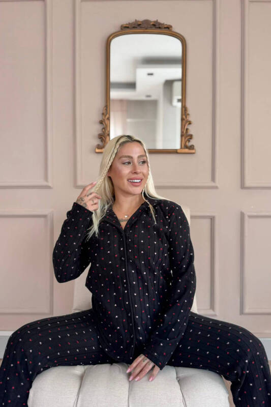 Antrasit Jantung Desenli Önden Düğmeli Peluş Polar Pijama Takımı - Pijamaevi (2)