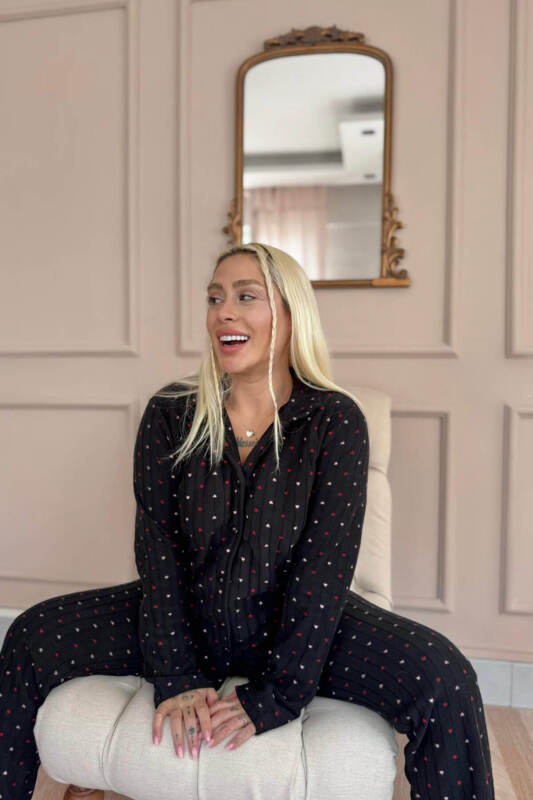 Antrasit Jantung Desenli Önden Düğmeli Peluş Polar Pijama Takımı - Pijamaevi (3)