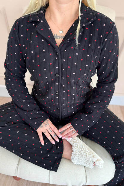 Antrasit Jantung Desenli Önden Düğmeli Peluş Polar Pijama Takımı - 5