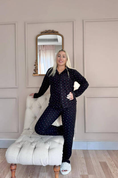 Antrasit Jantung Desenli Önden Düğmeli Peluş Polar Pijama Takımı - 6