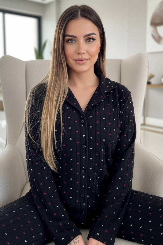 Antrasit Jantung Desenli Önden Düğmeli Peluş Polar Pijama Takımı - Pijamaevi