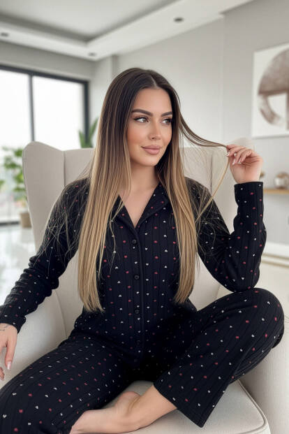 Antrasit Jantung Desenli Önden Düğmeli Peluş Polar Pijama Takımı - 2