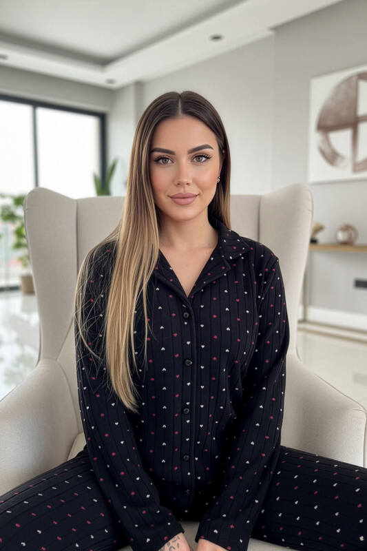 Antrasit Jantung Desenli Önden Düğmeli Peluş Polar Pijama Takımı - Pijamaevi (2)