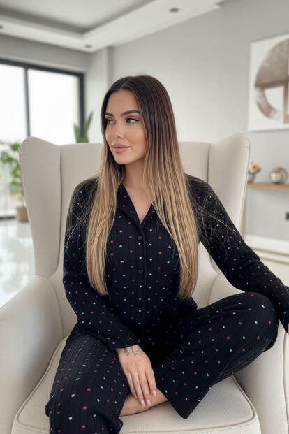 Antrasit Jantung Desenli Önden Düğmeli Peluş Polar Pijama Takımı - 4
