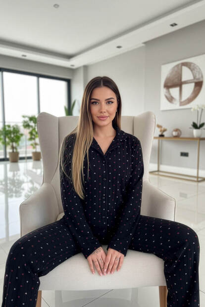 Antrasit Jantung Desenli Önden Düğmeli Peluş Polar Pijama Takımı - 5