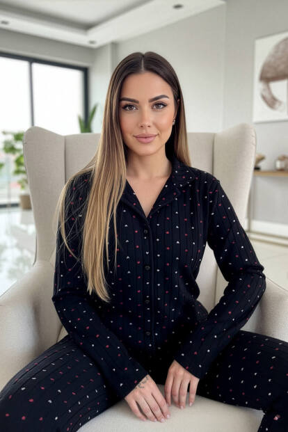 Antrasit Jantung Desenli Önden Düğmeli Peluş Polar Pijama Takımı - 6