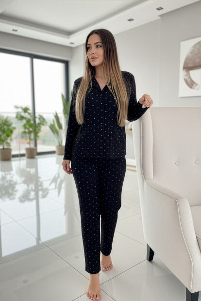 Antrasit Jantung Desenli Önden Düğmeli Peluş Polar Pijama Takımı - 7