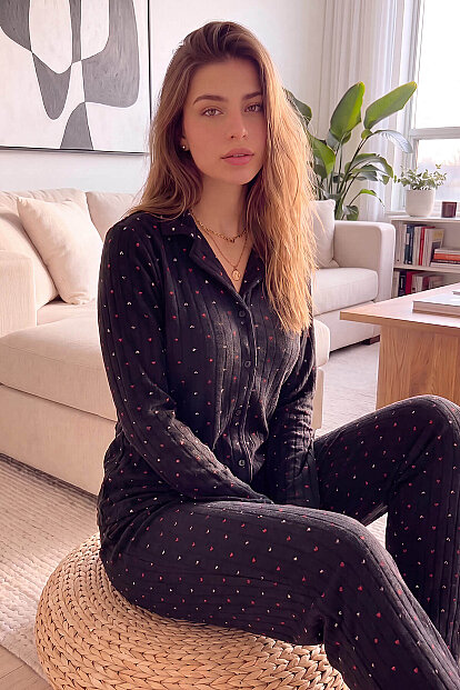 Antrasit Jantung Desenli Önden Düğmeli Peluş Polar Pijama Takımı 
