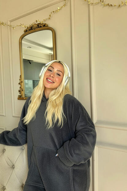 Antrasit Kapşonlu Tam Peluş Oversize Sweat Panço Pijama - 4