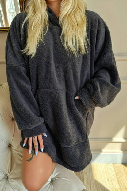 Antrasit Kapşonlu Tam Peluş Oversize Sweat Panço Pijama - 5