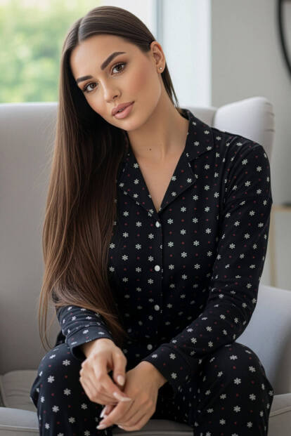 Antrasit Kartanesi Desenli Önden Düğmeli Uzun Kollu Bambu Örme Kadın Pijama Takımı 