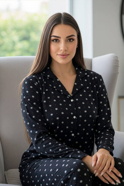 Antrasit Kartanesi Desenli Önden Düğmeli Uzun Kollu Bambu Örme Kadın Pijama Takımı - 2