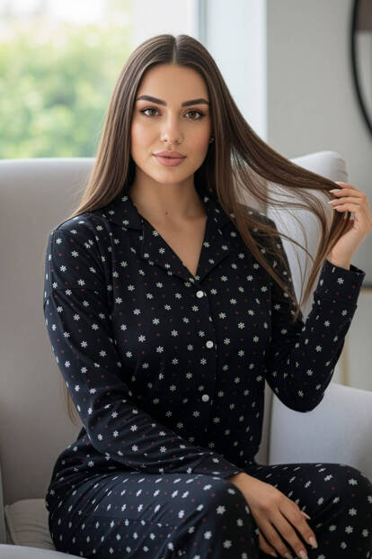 Antrasit Kartanesi Desenli Önden Düğmeli Uzun Kollu Bambu Örme Kadın Pijama Takımı - 3