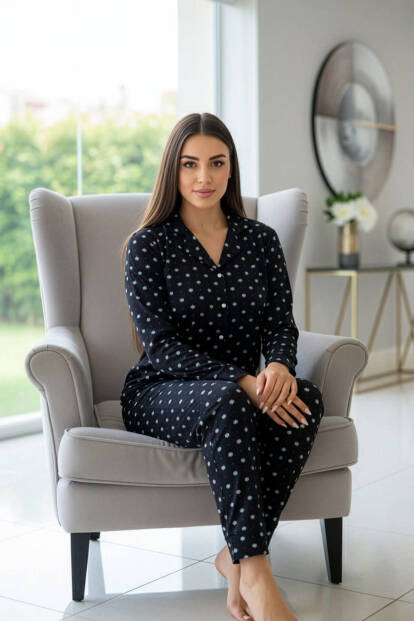 Antrasit Kartanesi Desenli Önden Düğmeli Uzun Kollu Bambu Örme Kadın Pijama Takımı - 4