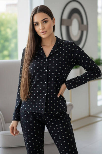 Antrasit Kartanesi Desenli Önden Düğmeli Uzun Kollu Bambu Örme Kadın Pijama Takımı - 5