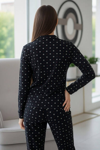 Antrasit Kartanesi Desenli Önden Düğmeli Uzun Kollu Bambu Örme Kadın Pijama Takımı - 6