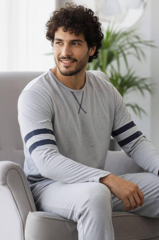 Antrasit Line Desenli Stylish Erkek Uzun Kol Pijama Takımı - Pijamaevi