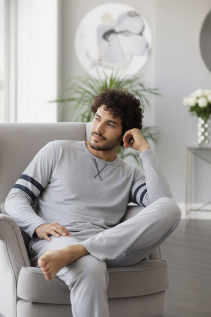 Antrasit Line Desenli Stylish Erkek Uzun Kol Pijama Takımı - 2