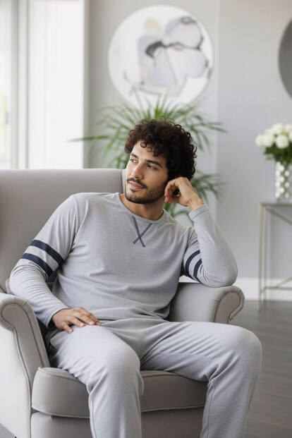 Antrasit Line Desenli Stylish Erkek Uzun Kol Pijama Takımı - 3