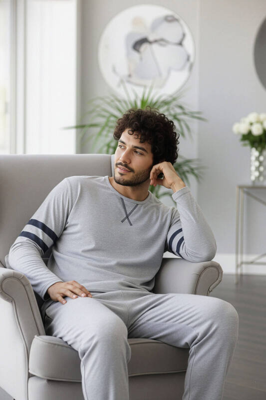 Antrasit Line Desenli Stylish Erkek Uzun Kol Pijama Takımı - Pijamaevi (2)