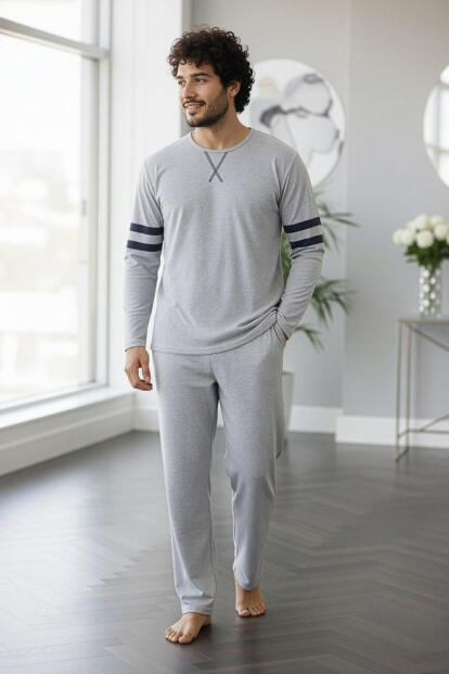 Antrasit Line Desenli Stylish Erkek Uzun Kol Pijama Takımı - 5