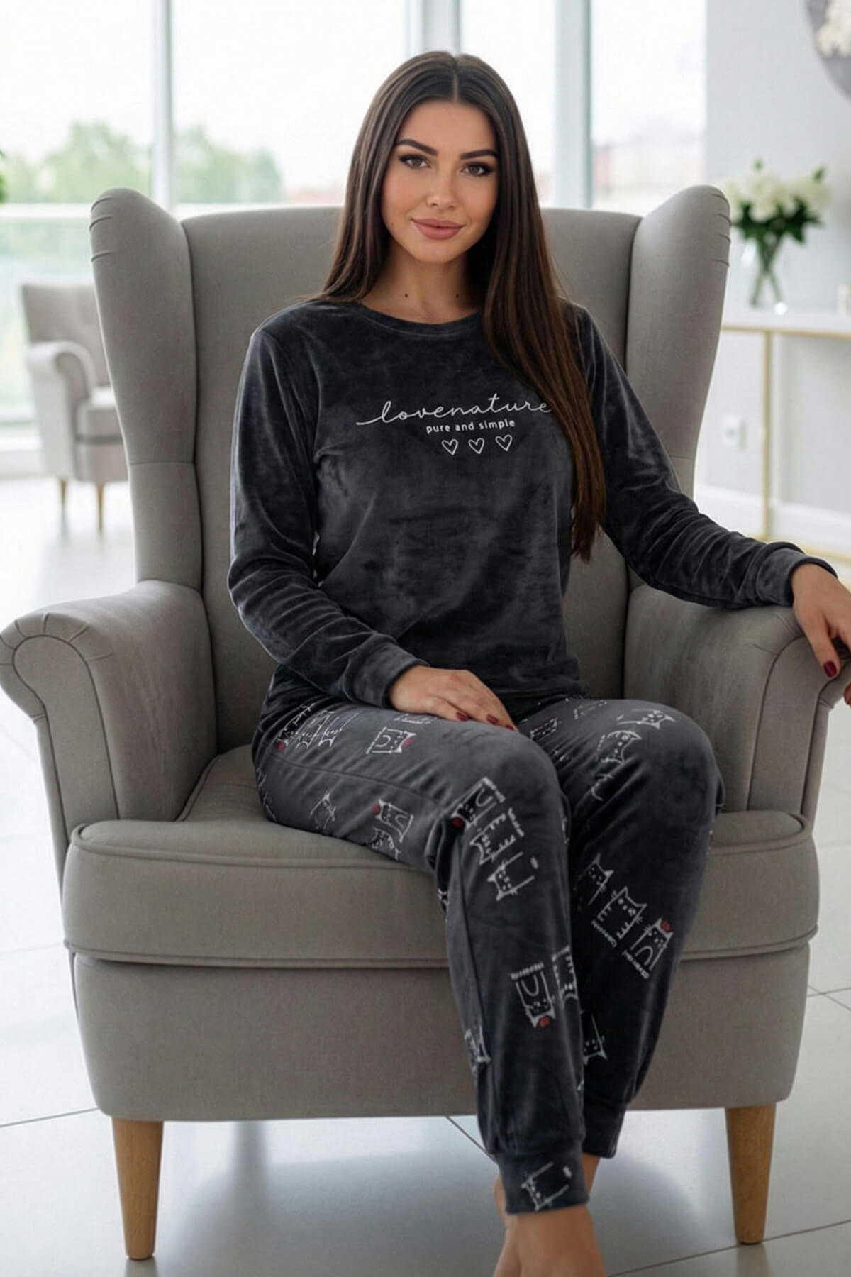 Antrasit Love Desenli Exclusive Kadife Kadın Pijama Takımı - Pijamaevi (3)